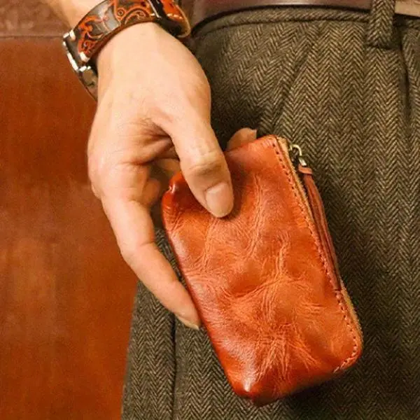 1-Pack | First Layer Vegetable-Tanned Cowhide Coin Purse/Lipstick Case | Hand-Polished & Antiqued, Pleated Card Holder Design