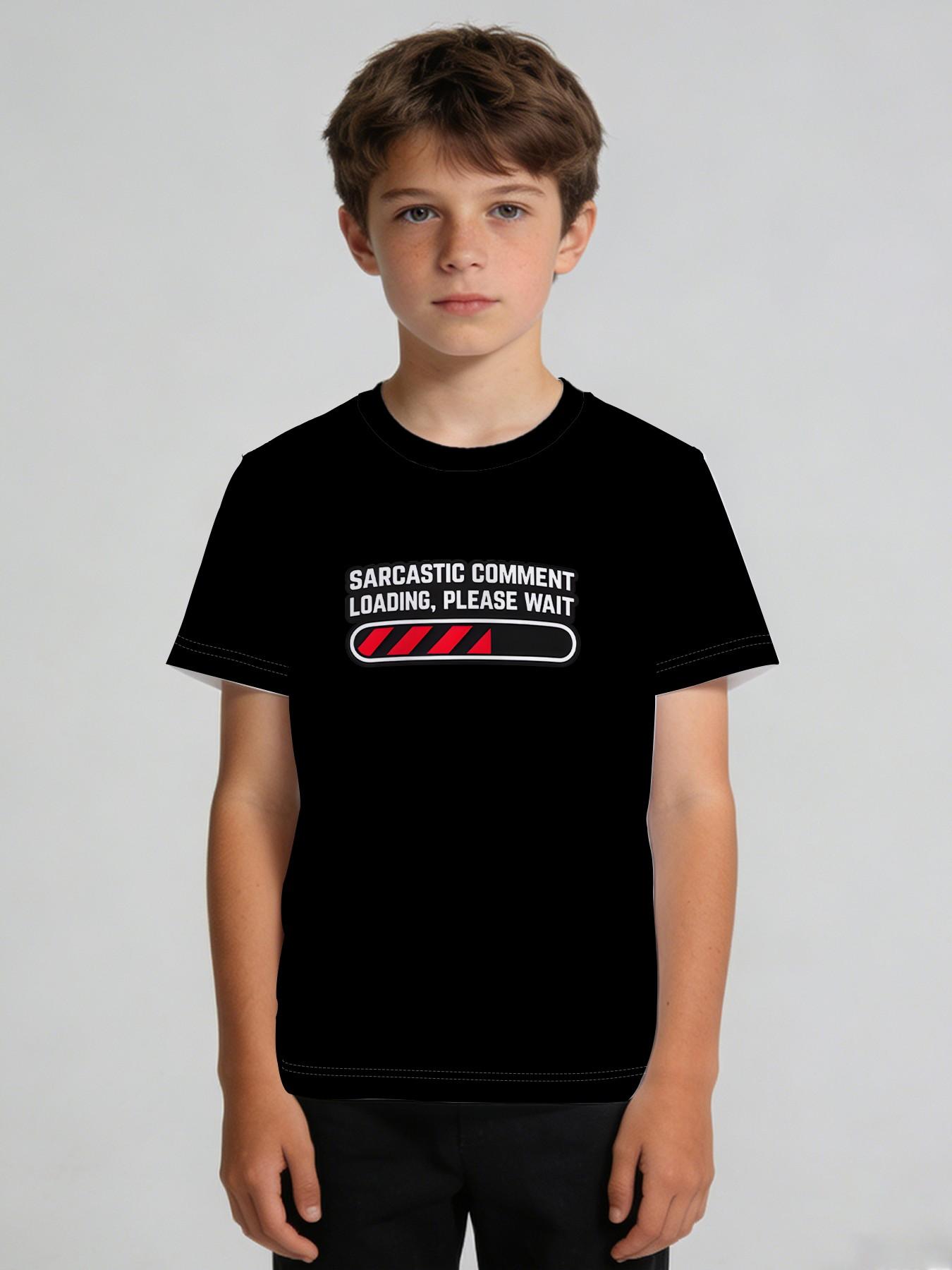 Boys' Short Sleeve T-Shirt "Funky Progress Bar Trendy Toy Style" features an all-over print with an American-style fun slogan theme, is skin-friendly, breathable, and sweat-free, suitable for different outfits for school, shopping, or summer outings