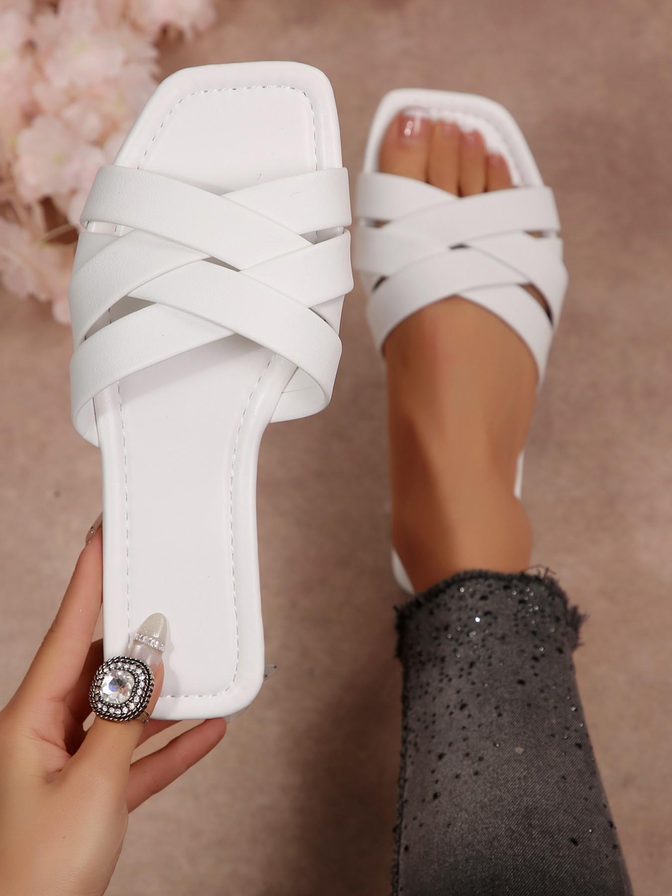 Women's Flat Square Toe Cross-Over Braided Slip-On Shoes, Comfortable Outerwear Footwear, Stylish and Practical Design for Daily Wear