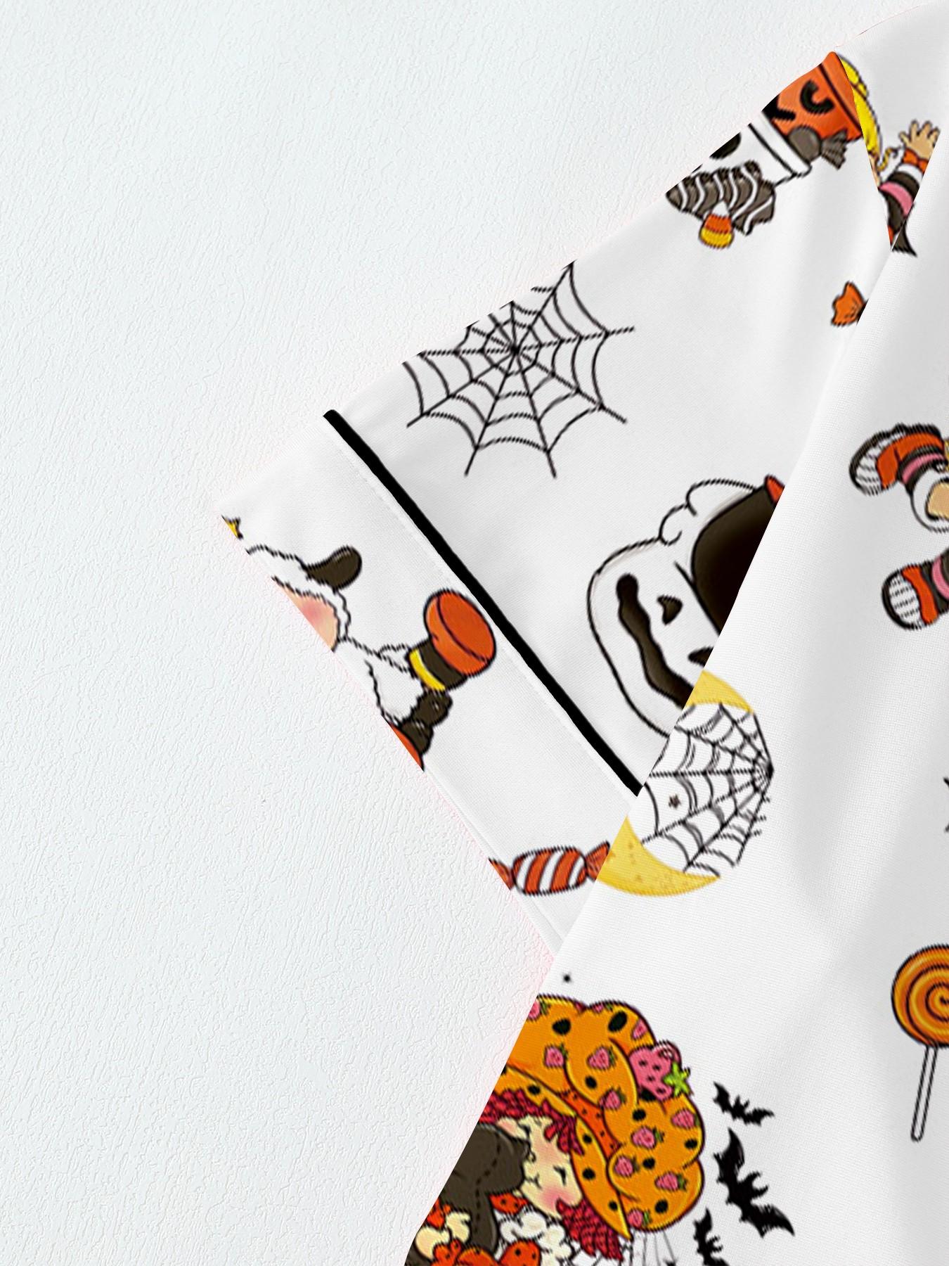 【Halloween】Retro Strawberry Girl Halloween Collared Pajama Set | Cute 80s Nostalgic Cartoon & Pumpkin Print Sleepwear | Soft Short Sleeve Button Down Lounge Outfit | Fun Summeroween 2-Piece PJs with Black Piping Pj Sets