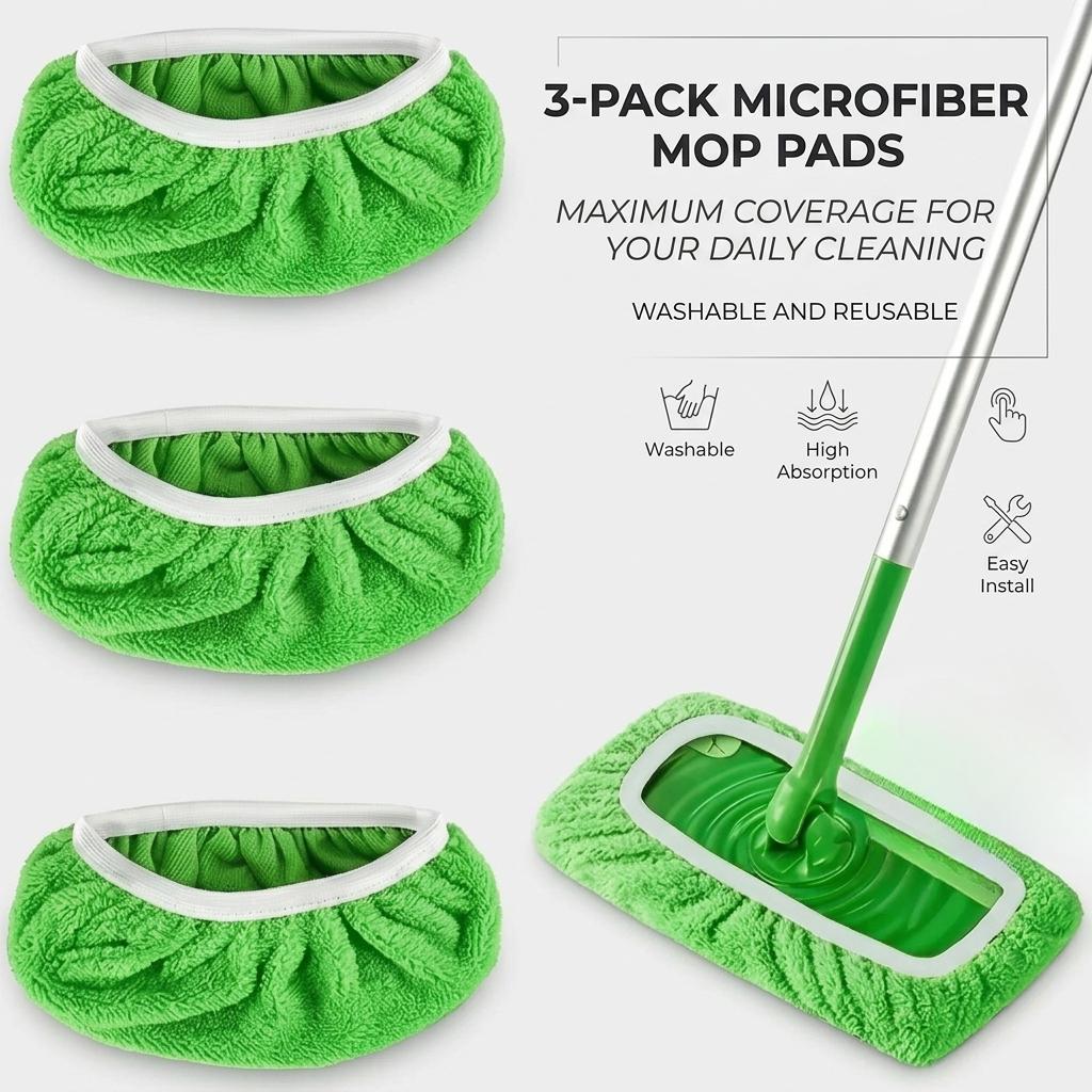 3-Pack Microfiber Mop Pads, Washable Reusable Refills with High Absorption, Fit for Flat Mops, Hardwood and Tile Floor Cleaning, Essential Household Cleaning Supplies