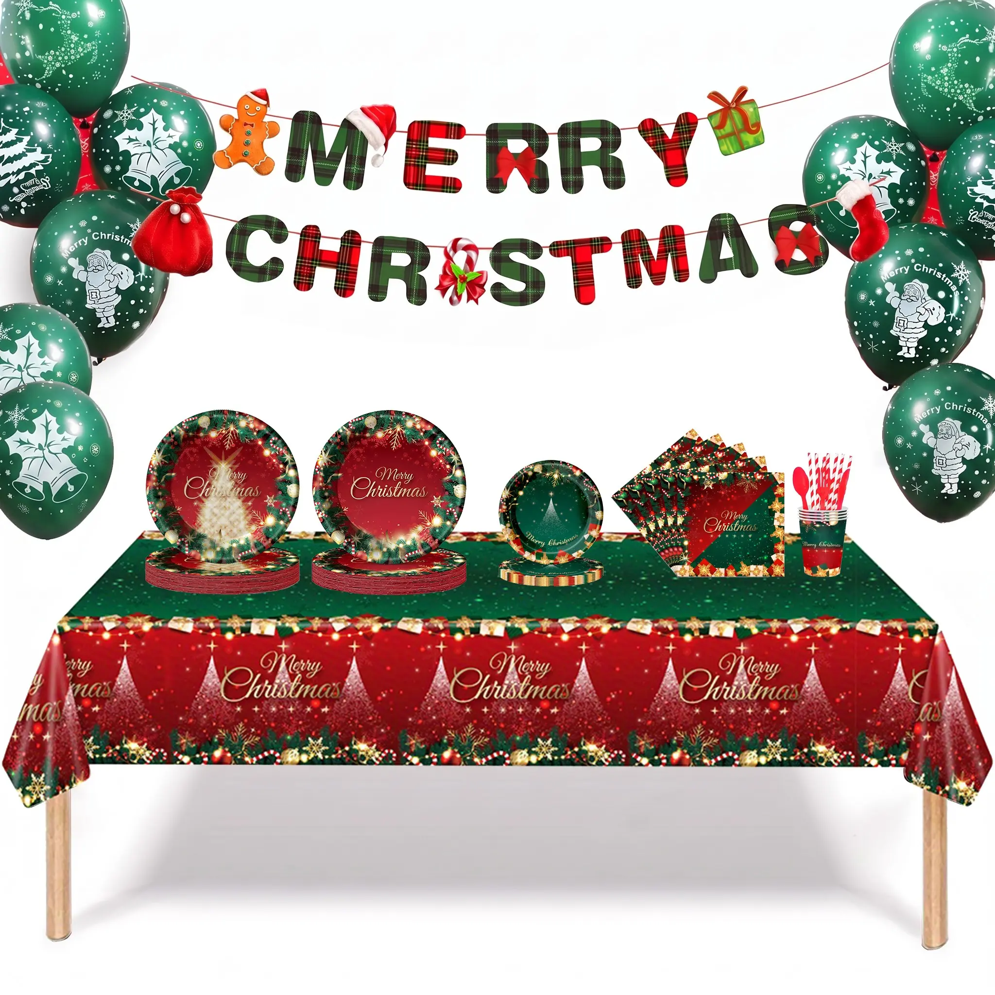 468-Piece Christmas Tableware Set, Merry Christmas Theme Red Green & Gold, Paper & Plastic Holiday Party Plates Cups Napkins Cutlery