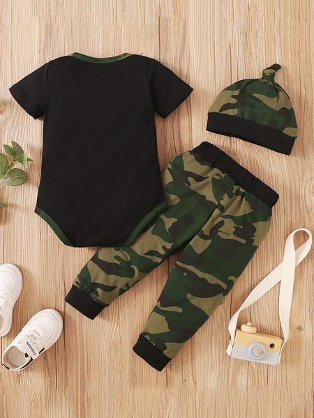 Baby Boys' Letter Print Romper Set, Camouflage Pants & Hat, Cute for Newborns, Comfortable Clothing for Daily Wear, Newborn Gift Set