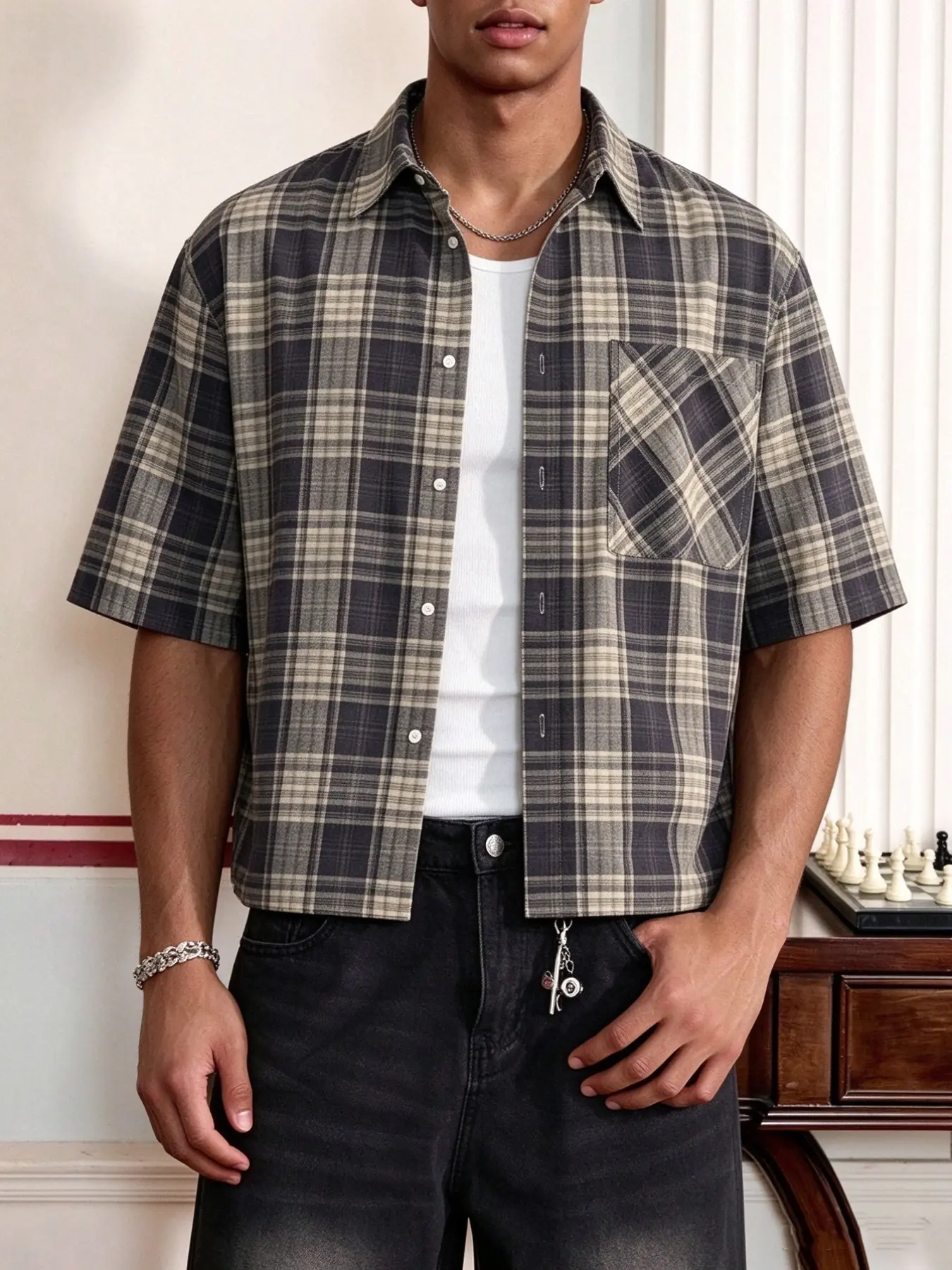 【Biack Friday】Men's Loose-Fit Plaid Short Sleeve Shirt, Button Front Crop Top, Casual Fashion for Daily Wear, Fall, Halloween Costume, Menswear