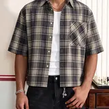 【Black Friday】Men's Loose-Fit Plaid Short Sleeve Shirt, Button Front Crop Top, Casual Fashion for Daily Wear, Fall, Halloween Costume, Menswear