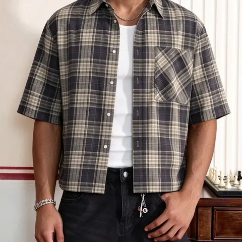 【Biack Friday】Men's Loose-Fit Plaid Short Sleeve Shirt, Button Front Crop Top, Casual Fashion for Daily Wear, Fall, Halloween Costume, Menswear
