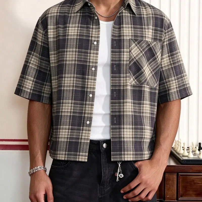 【Biack Friday】Men's Loose-Fit Plaid Short Sleeve Shirt, Button Front Crop Top, Casual Fashion for Daily Wear, Fall, Halloween Costume, Menswear