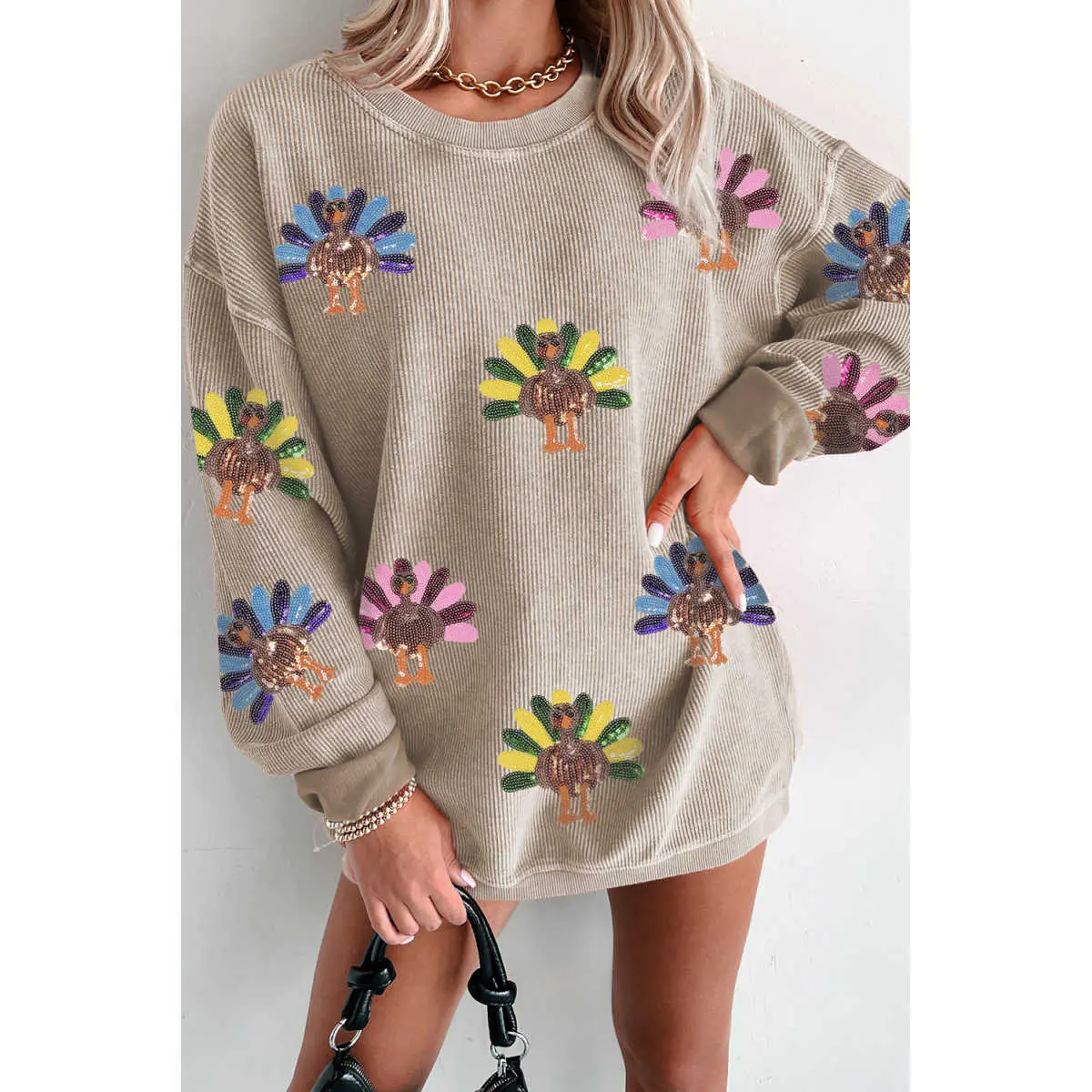 Smoke Gray Turkey Graphic Corded Baggy Sweatshirt