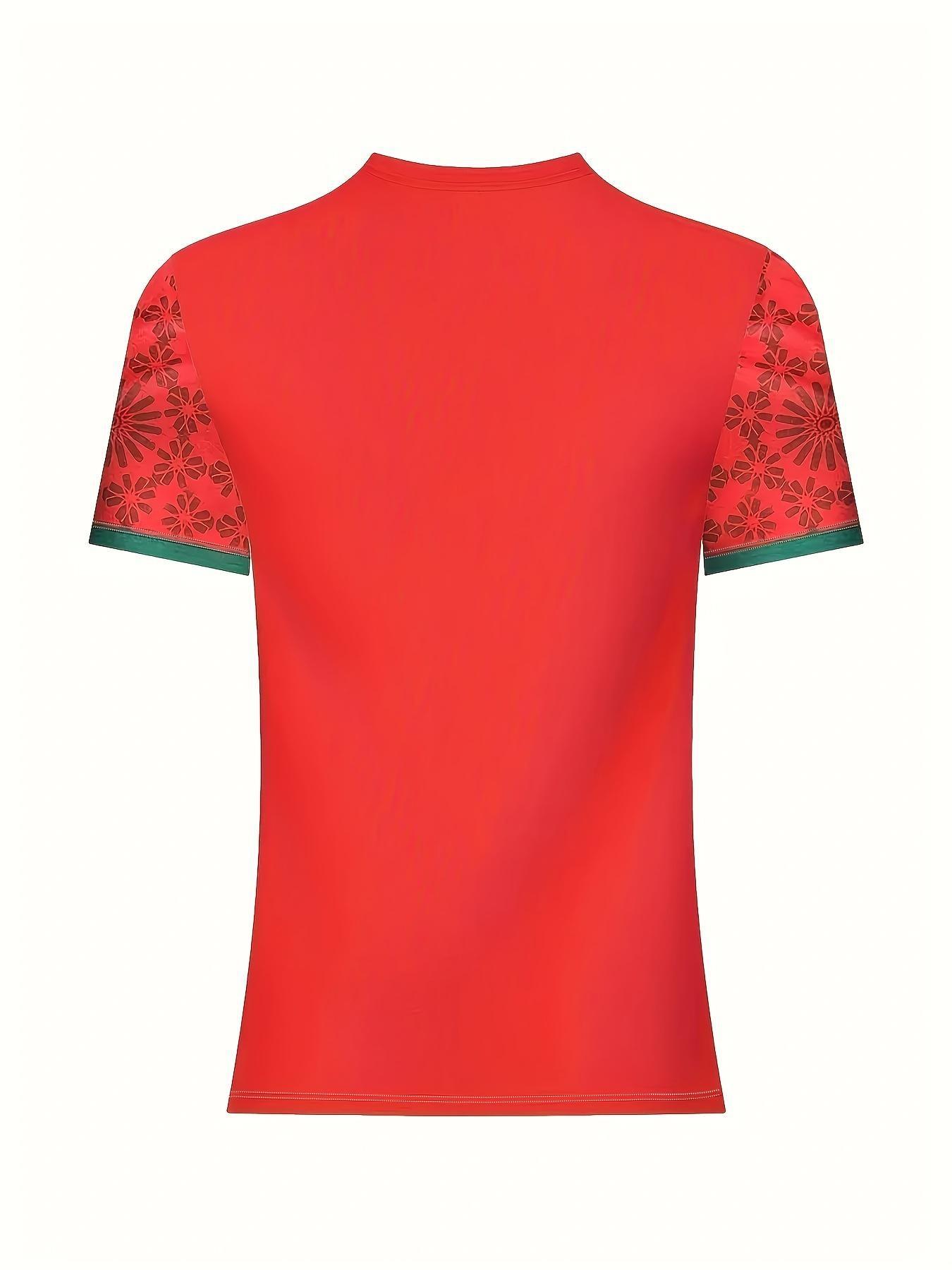 Men's Moroccan Soccer Jersey, Round Neck, Breathable Polyester Sport T-Shirt, Geometric Pattern, Slim Fit, Ideal for Casual and Outdoor Activities