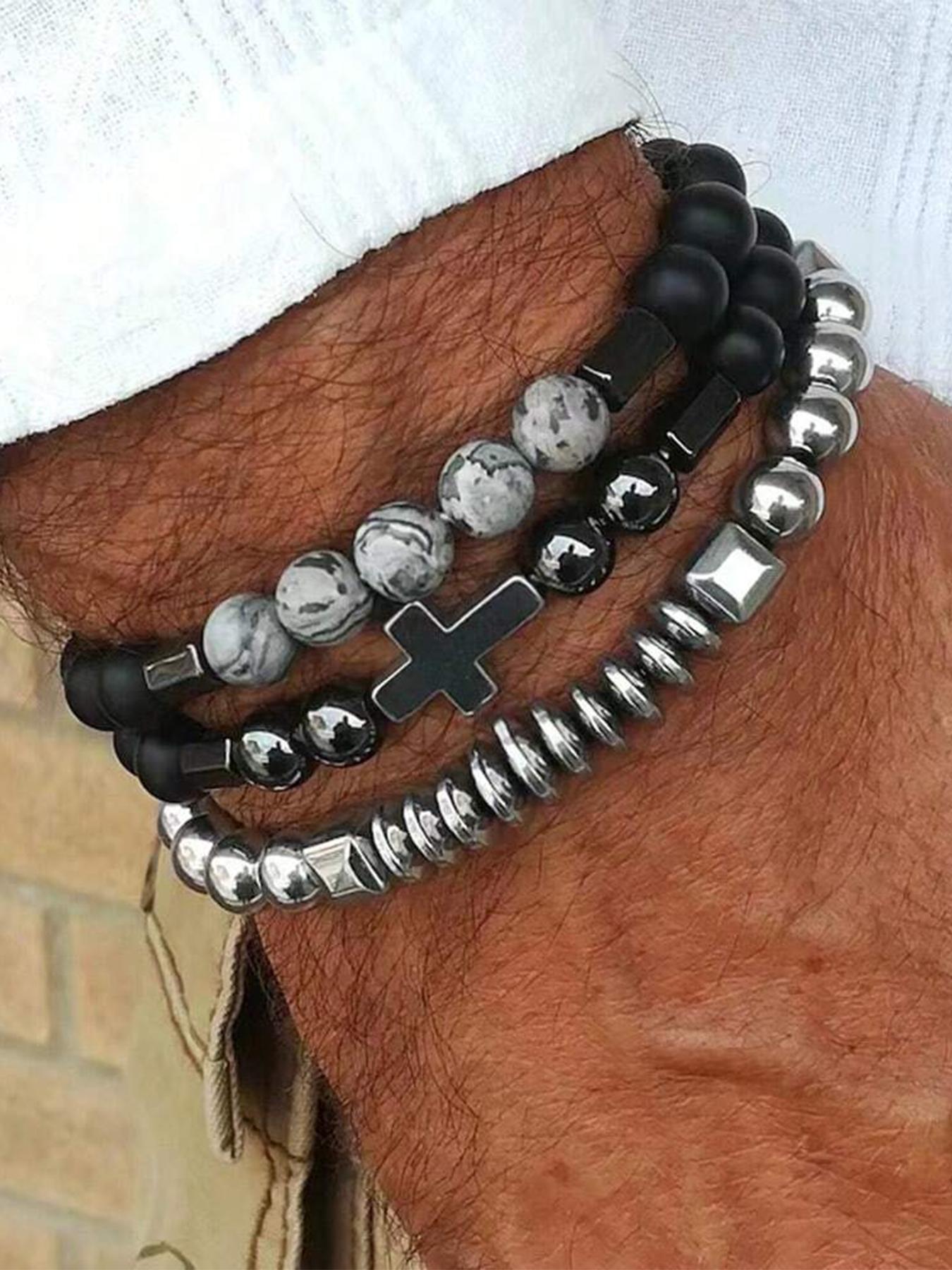 Men's Stainless Steel Cross Pendant Bracelet Set, Casual Beaded Design, Agate Stone, Perfect for Daily Wear & Parties