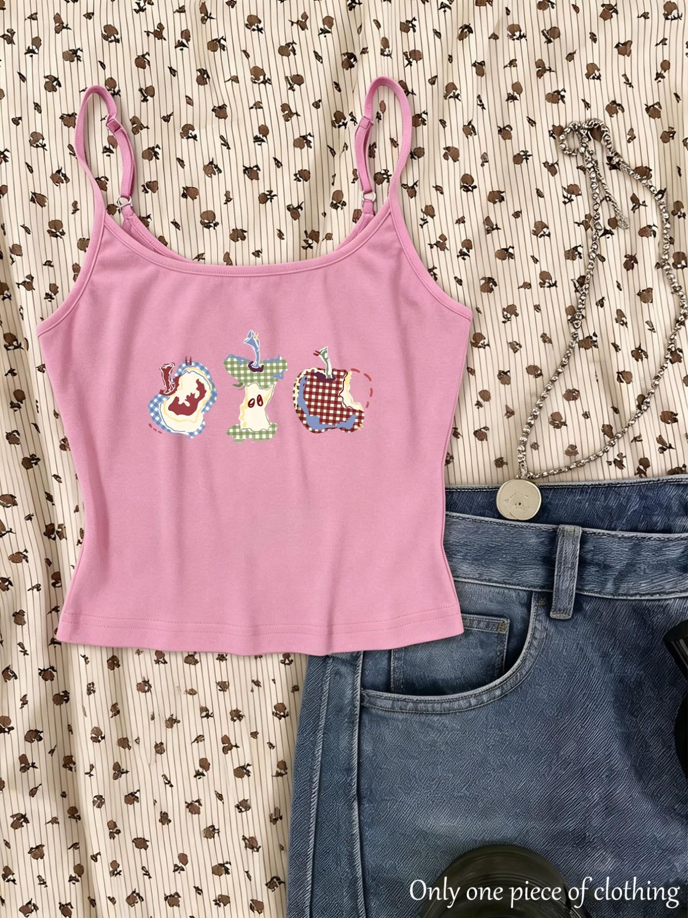 Y2K Style Apple Print Crop Top, Adjustable Shoulder Straps, Slim Fit Sleeveless Shirt, Streetwear Trendy Women's Clothing, Spring Summer New Arrival