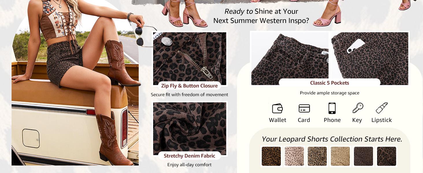 luvamia Jean Shorts for Women Trendy High Waisted Cheetah Leopard Animal Print Stretchy Denim Shorts Summer Casual Jorts