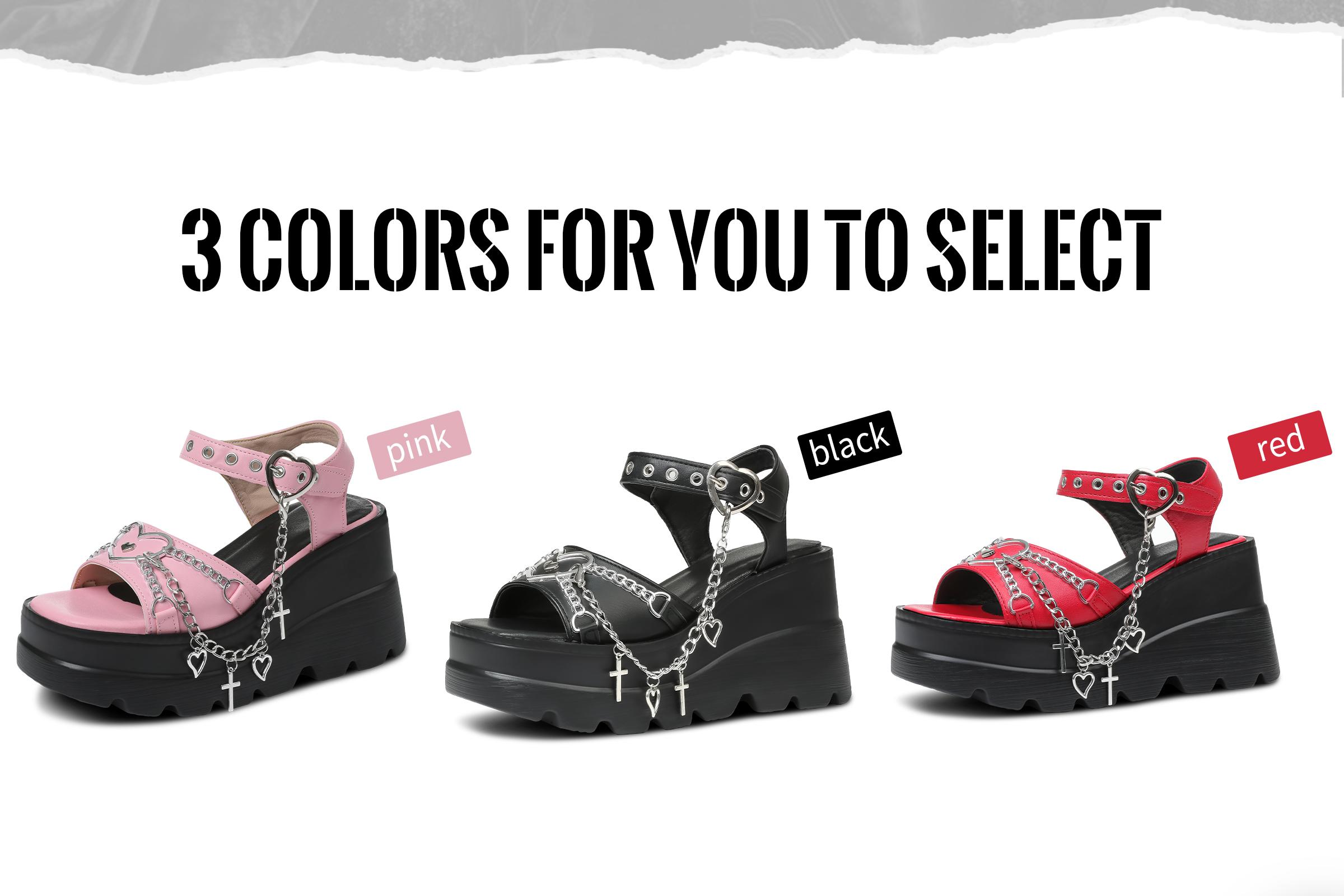 Summer Platform Sandals For Women Sweet Gothic Punk Heart Chain Buckle Comfort Square Toe High Slop Heel Wedge Sandals Black Flatform SpringStatements