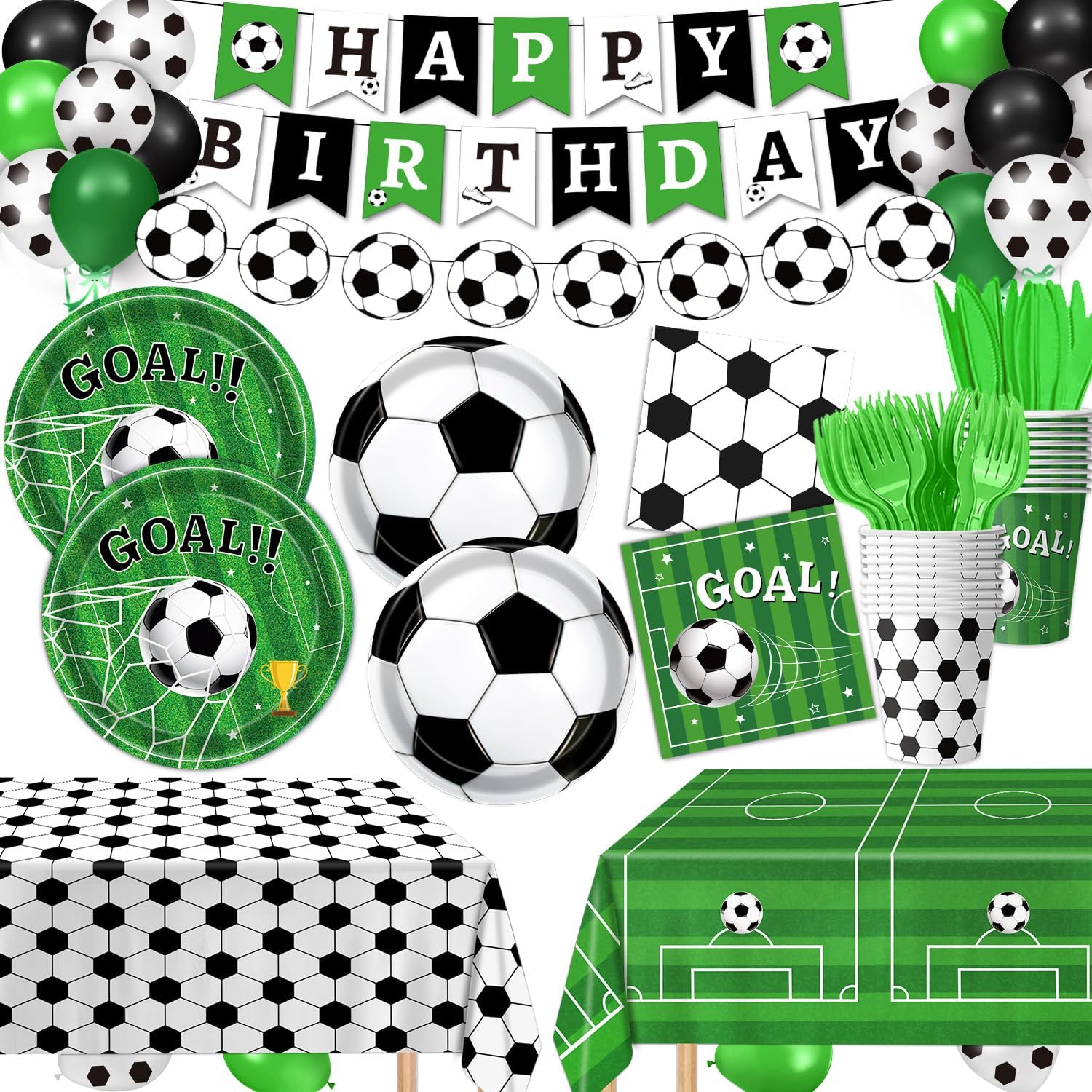 135/170-piece football themed decoration set: plates, napkins, cups, banners, balloons, tablecloths and tableware, suitable for 10-24 people, plus 10 football painting stickers