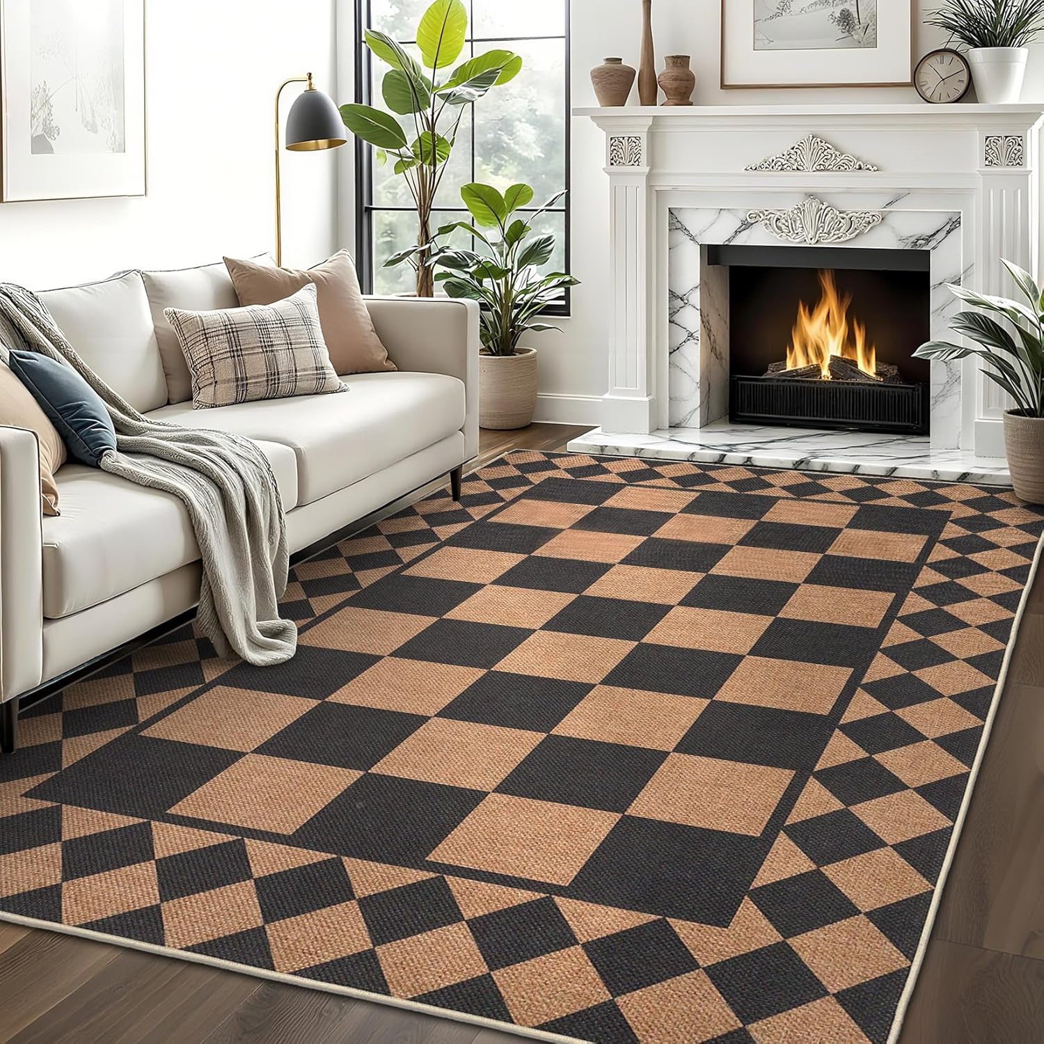 Easy Jute Hallway Runner Machine Washable Low Pile Carpet Runner with Non-Slip Backing, Non Shedding Checkerboard Kitchen Rugs, Foldable Indoor Outdoor Carpet for Patio, Laundry