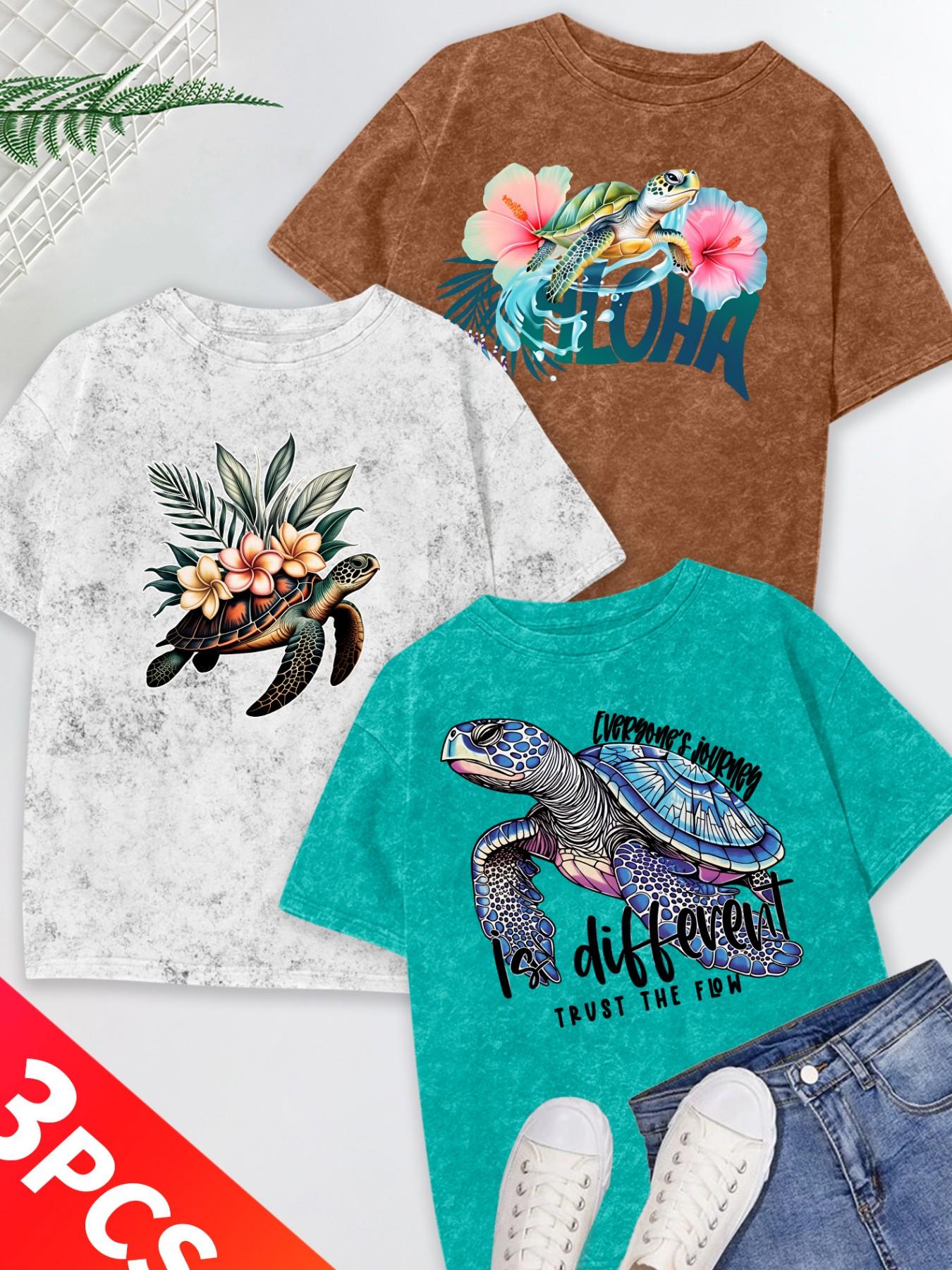 Women's 3-Pack Snow Wash Short Sleeve T-Shirt, Hawaiian Sea Turtle & Floral Print Set, Multiple Colors, Machine Washable, Spring & Summer Tops, Soft Skin-Friendly Fabric, Daily Wear, Fashion Design