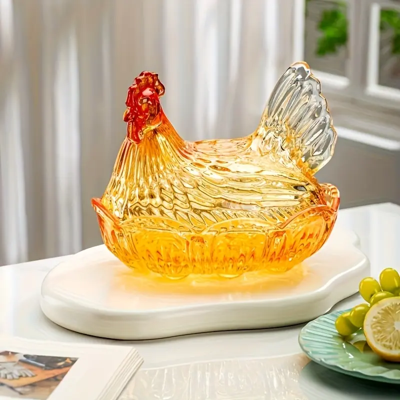 Exquisite Durable Crystal Glass Waterchicken Organiser with Lid - Candy Holder, Garden-Style Fruit Bowl, Snack Container, Egg Tray, Kitchen Accessory, Living Room Decor, Easter Gift for Lovers