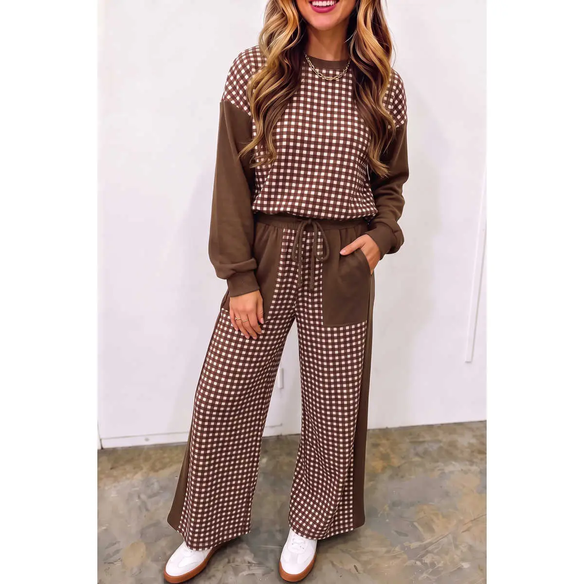 BF Women's Casual Plaid Colorblock Two Piece Set, Long Sleeve Ribbed Pullover and Drawstring Wide Leg Pants, Soft Matching Loungewear for Fall Travel and Everyday Wear
