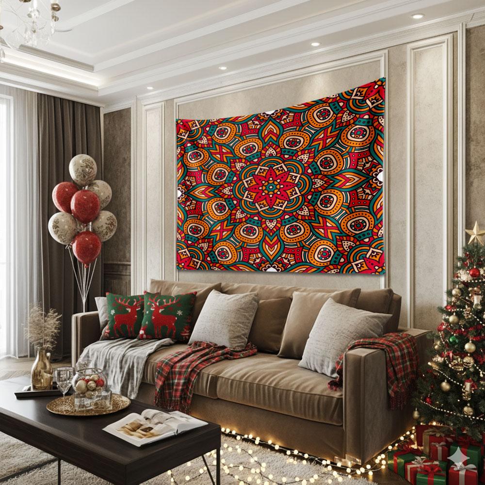 Indian Ethnic Tapestry, Red Mandala Wall Art for Living Room, Festive Backdrop