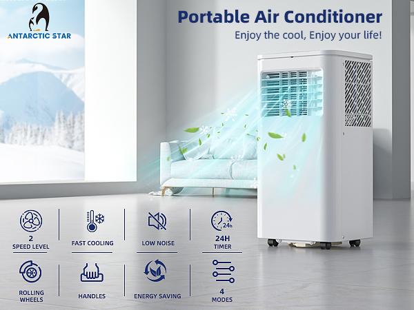 Antarctic Star Portable Air Conditioner 8000 BTU (ASHRAE), Remote Control, Fan Mode, Cools 250sq.ft, 24 Hour Timer, Quiet Operation, 2 Fan Speed for Bedroom Office Home Dorm.smartliving