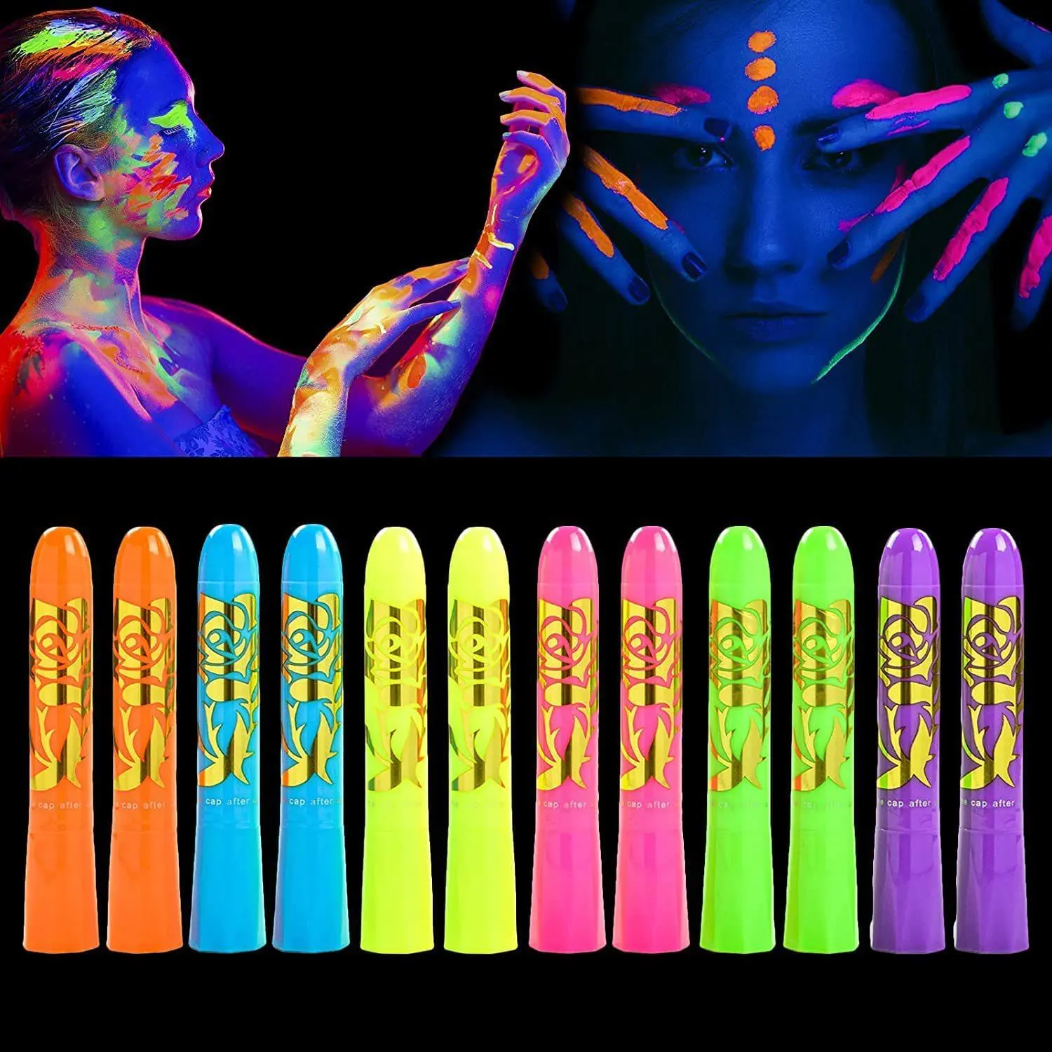 12-Pcs UV Blacklight Face & Body Paint Sticks, Neon Fluorescent Makeup Crayons for Halloween Festival Stage Costume Makeup, Face Paint