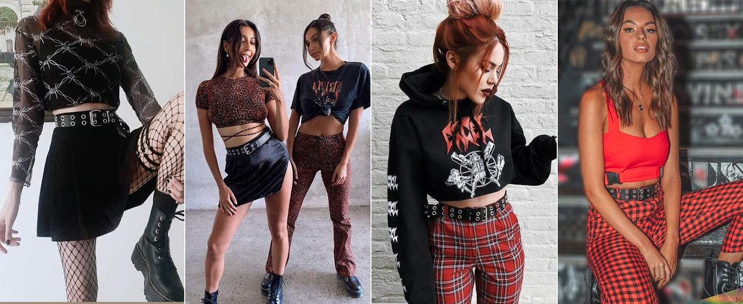 JASGOOD Double Grommet Belt PU Leather Punk Belt 2 Hole Belts 1.5 Wide for Women Men Jeans