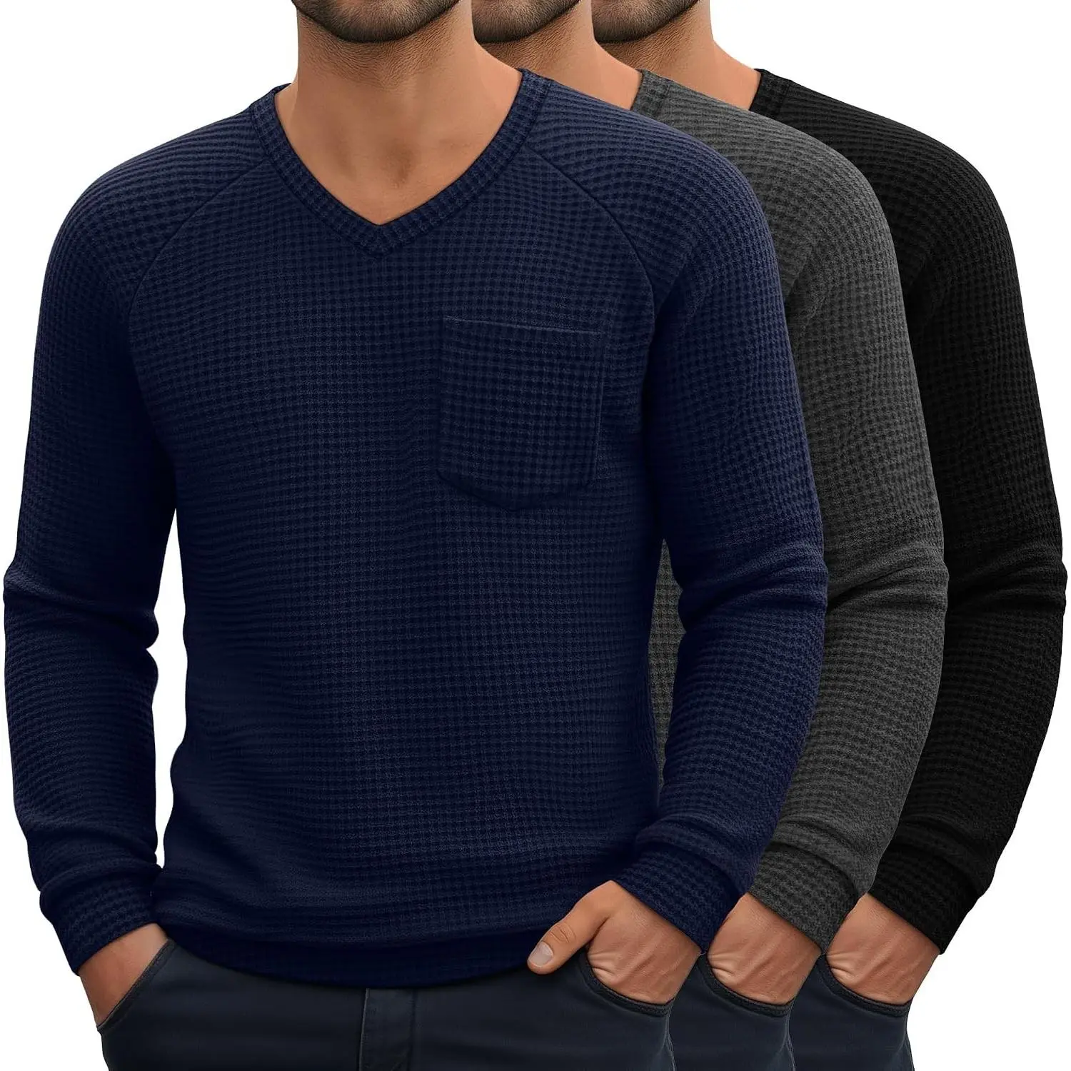 3 Pack Men's Big and Tall Waffle Thermal Long Sleeve Shirts V Neck Tops Casual Pullover Knit Undershirt with Pockets