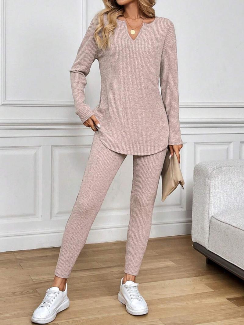 2pcs/Set Women's Casual Plush Rib-Knit Long Sleeve T-Shirt And Leggings Suit, Autumn/Winter