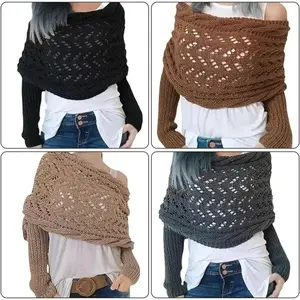 Autumn Winter Women's Knitted Shawl Scarf With Long Sleeve Outdoor Warm Soft Windproof Hollow Out Crop Top Shrugs Shawl Scarf