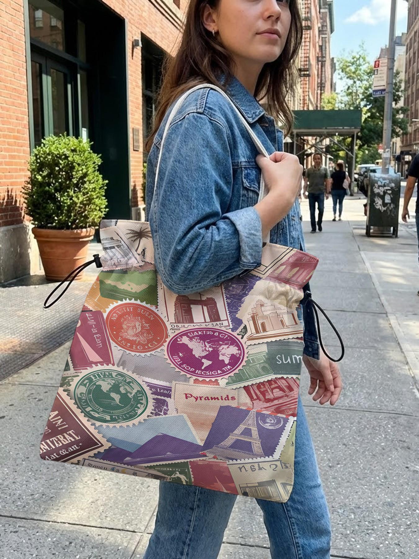 Stamp Pattern 2D Printed Drawstring Tote Bag, Large Capacity Shopping Bag, Commuter Tote Bag, Durable and Wear-Resistant, Random Print, All Seasons