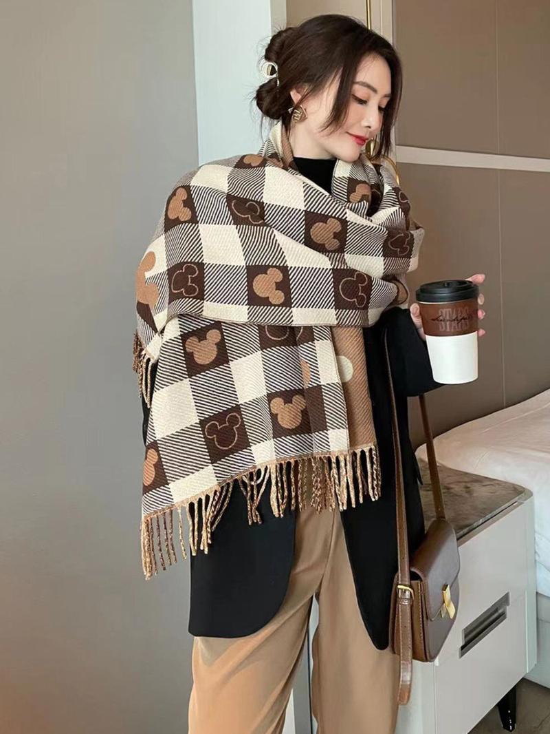 Elegant Plaid Bear Pattern Fringe Casual Scarf, Soft Warm Thick Shawl, Unisex Fashion Accessory, Perfect for Fall & Winter