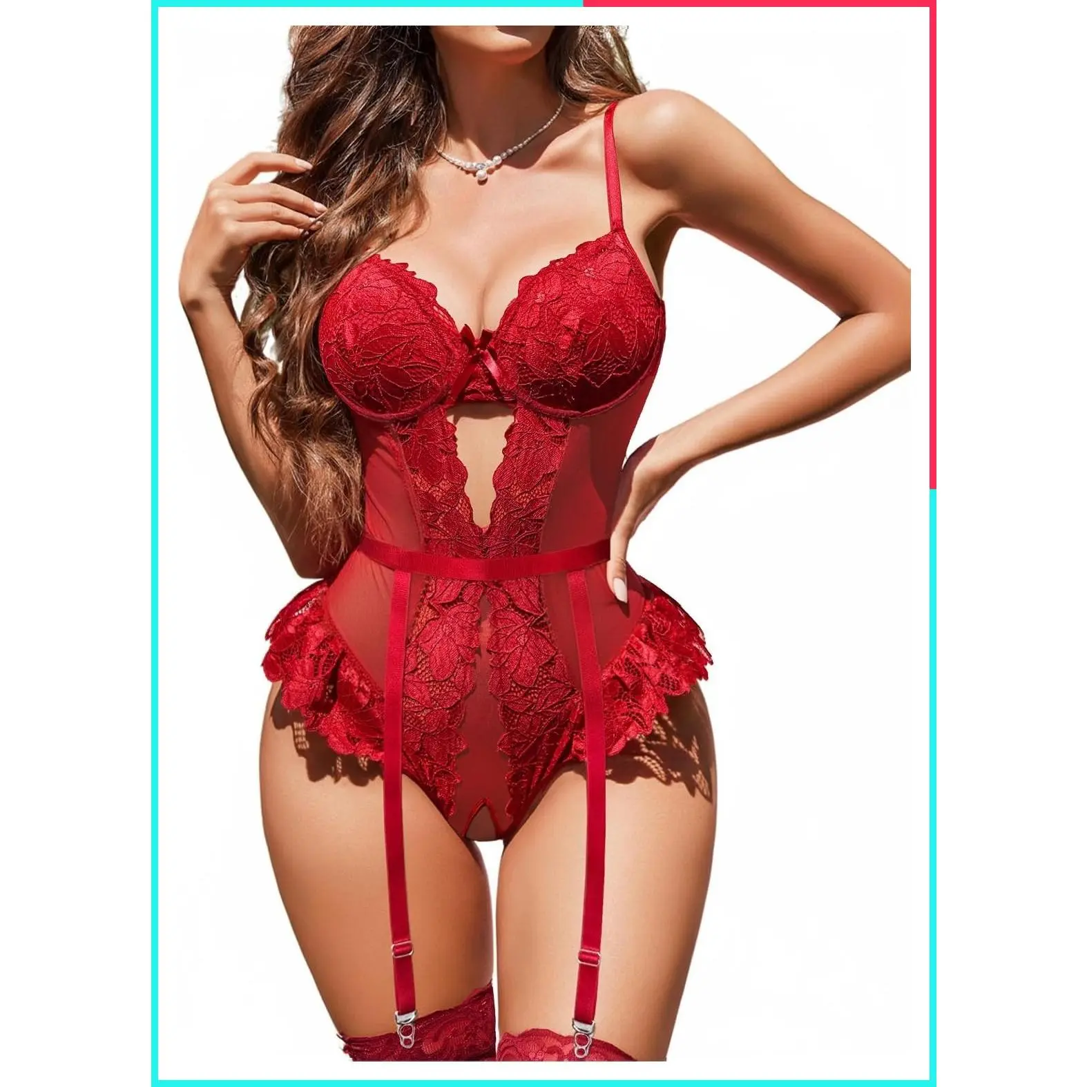 Sexy Lingerie for Women Wireless Mesh Lace Teddy with Garter Belt, Hollow Out, Lace Ruffle Hem, Open Back, Convenient Crotch for Valentine's Day Hot Night