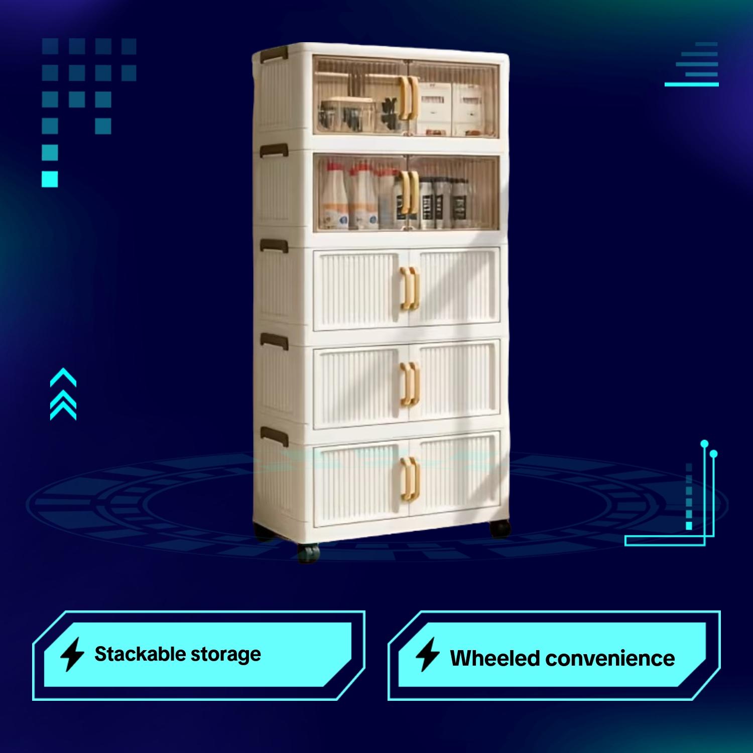 Stackable storage boxes with lids and wheels, available in 5/4/3 layers; foldable plastic storage cabinets; wheeled storage trolleys; suitable for bedrooms, living rooms, kitchens, and offices.