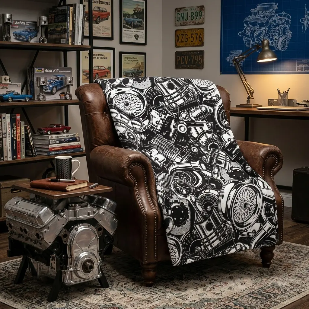 Car Parts Flannel Fleece Blanket, Single-Sided Printed Mechanic Throw Blanket, Black White Auto Parts Blanket for Car Lovers, Soft Cozy Lightweight Blanket for Sofa Bed Couch, Garage Decor Gift