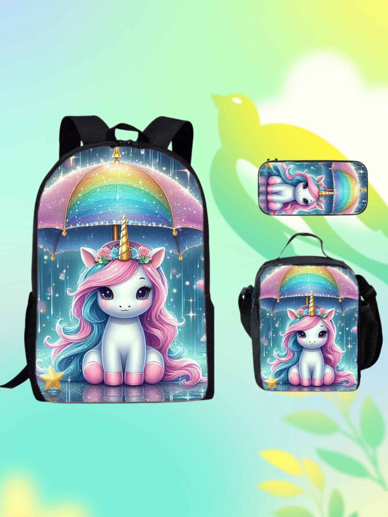 Cute Unicorn Backpack Set for Girls, Rainbow Umbrella Print School Bag, Includes Lunch Box and Pencil Case, Lightweight Kids Bookbag