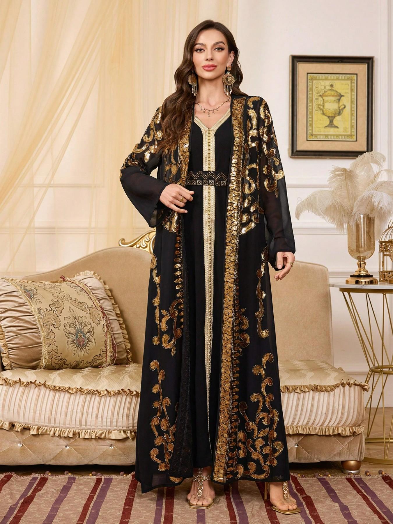 Gold Embroidered Two-Piece Dubai Muslim Robe, Elegant Islamic Clothing, Heavy Sequin Open Front, Elegant Long Sleeve Maxi Dress for All Seasons