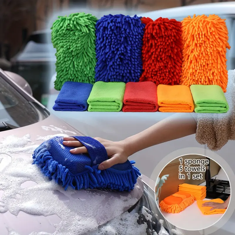 6-Piece Microfiber Car Cleaning Sponge and Towel Set Pack - Includes 1 Chenille Sponge with Wrist Strap, 5 Soft Towels - Absorbs Water, Scratch-Free, Reusable for Car, Home Cleaning Tasks