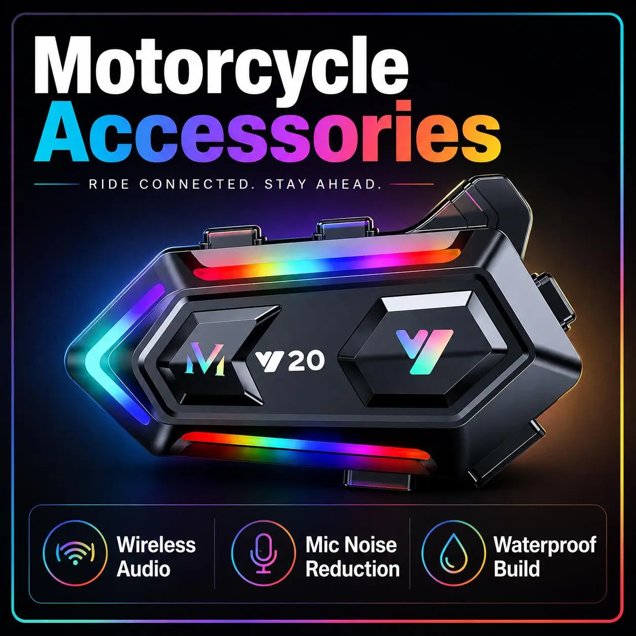 Bluetooth 5.0 Motorcycle Helmet Communication Headset with Stereo Sound, Noise-Cancelling Mic, Waterproof Build & RGB Light Effects for Riders