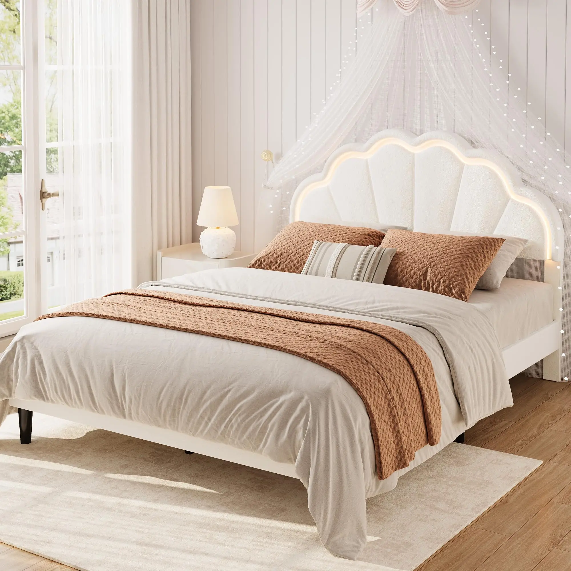 Modern Velvet Bed Frame with LED Lights, Shell Shaped Headboard Queen King Size, Upholstered Platform Bed with Steel Frame, Noise Free, Under Bed Storage, Easy Assembly
