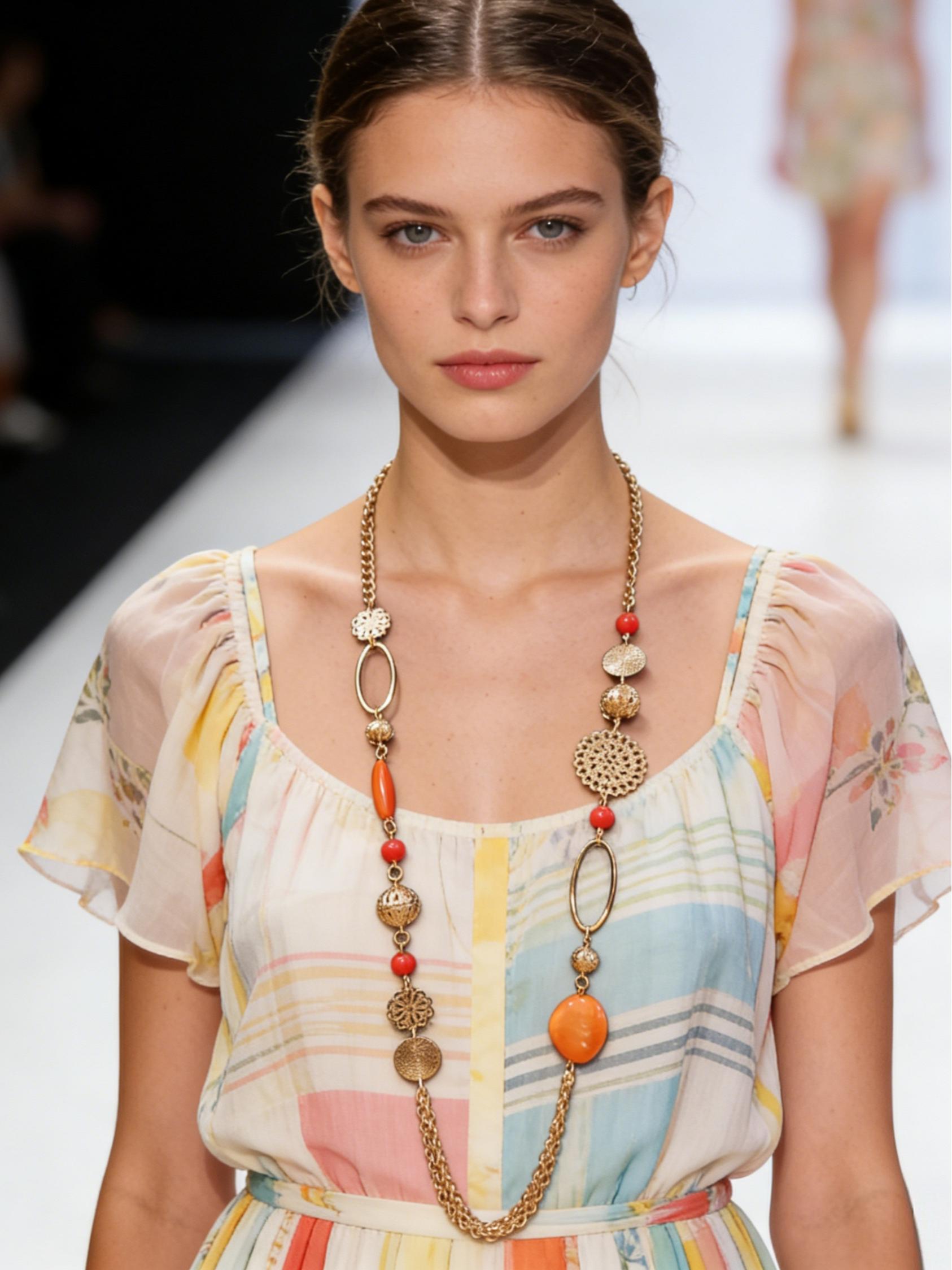 Vintage Style Bohemian Sweater Chain Necklace, Creative Floral Metal Link, Multicolor Resin Beads, Long Durable Design