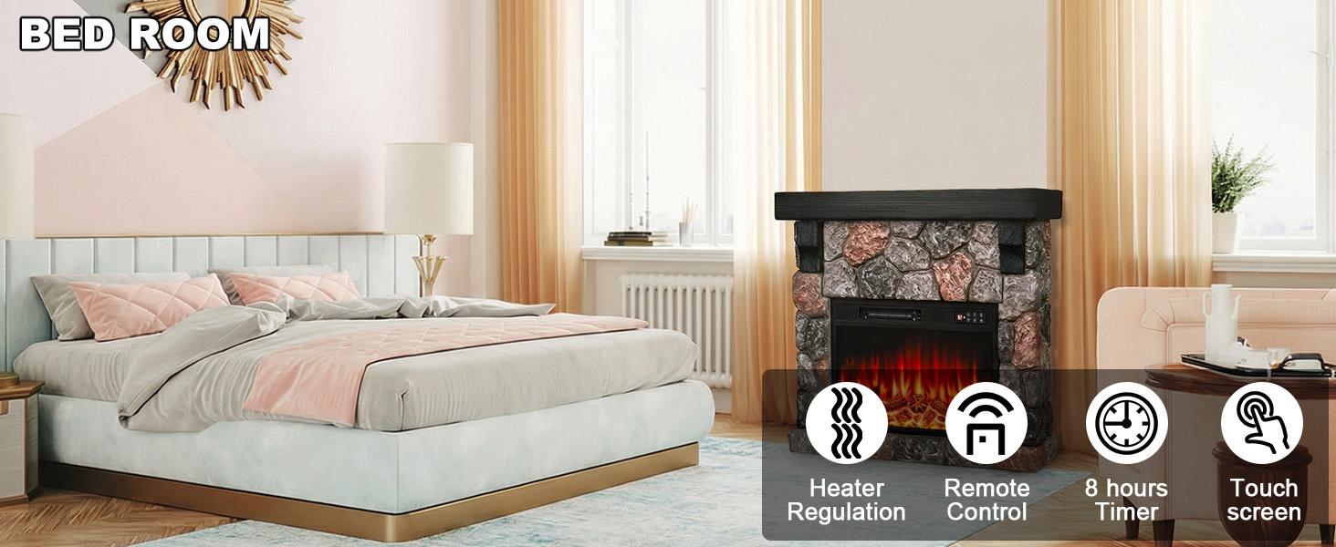 PUKAMI 36" Electric Fireplace with Mantel, 23 inch Electric Fireplace Insert, TV Stand Freestanding Heater with Remote Control Timer LED Flame for Living Room Bedroom,Faux Stone Gray