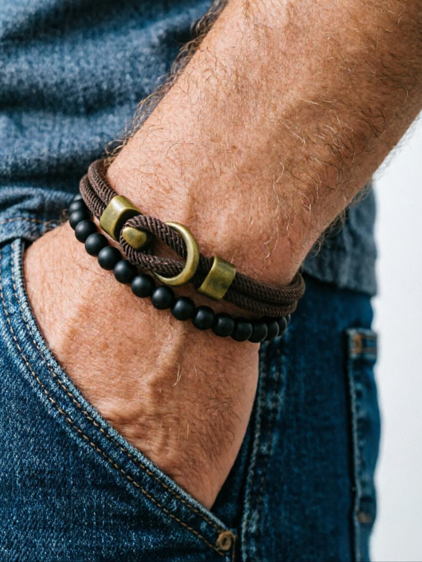 Men's Jewelry Set, Vintage Beaded Bracelet & Hand Rope, 2-Piece Men's Accessory Collection, Stylish Fashion Accessories