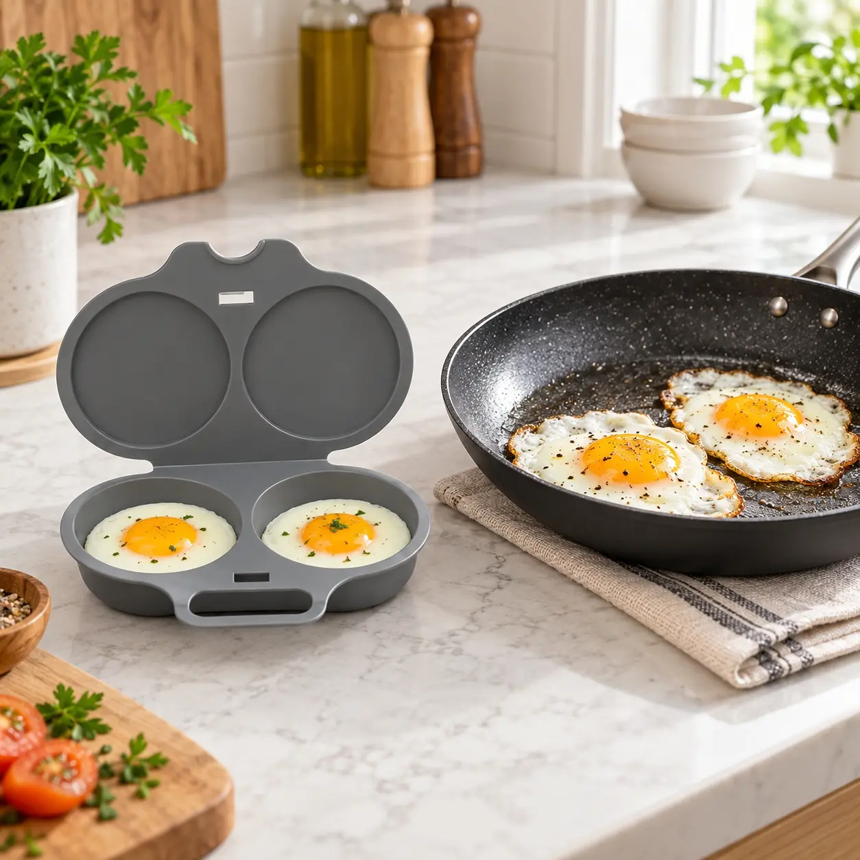 Dark Gray 2-Cup Round Non-Stick Microwave Omelette Maker, BPA-Free Food-Grade PP Plastic Egg Cooker, Quick Prep, Perfect Egg Shape, Healthy Cooking, Dishwasher-Safe Kitchen Gadget