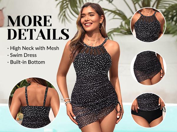 Yonique Womens Swim Dress One Piece - Swimsuit with Skirt Tummy Control Bathing Suit High Neck Mesh Swimwear 2026