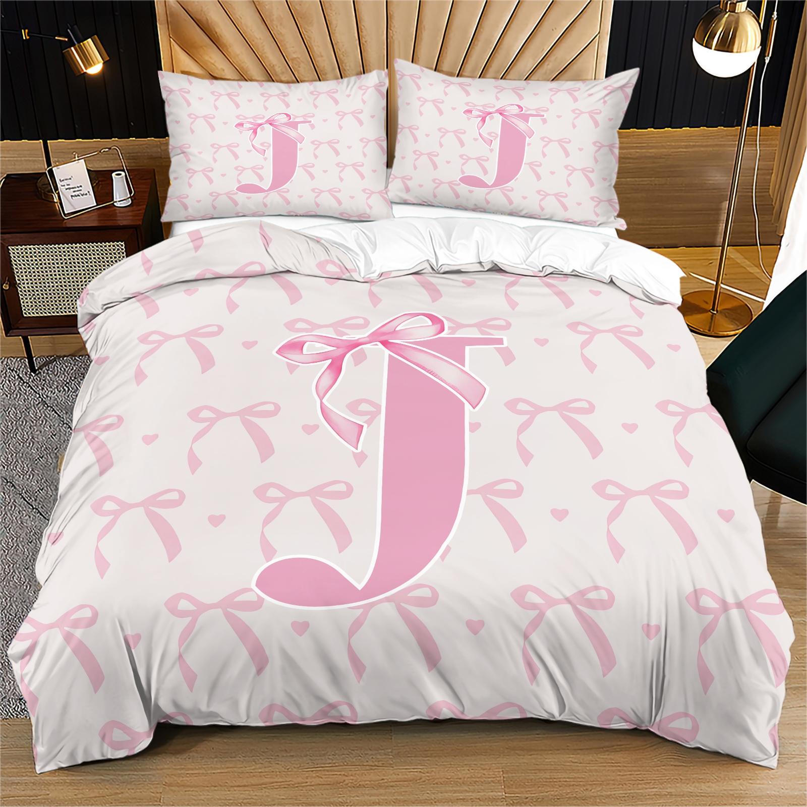 2/3 PCS Pink Romantic Ballet Bow Full Alphabet Initial Duvet Cover Set, Coquette Aesthetic Bedding with Zipper Closure for Easy Removal, Ideal Housewarming Birthday Christmas Gift, No Filling