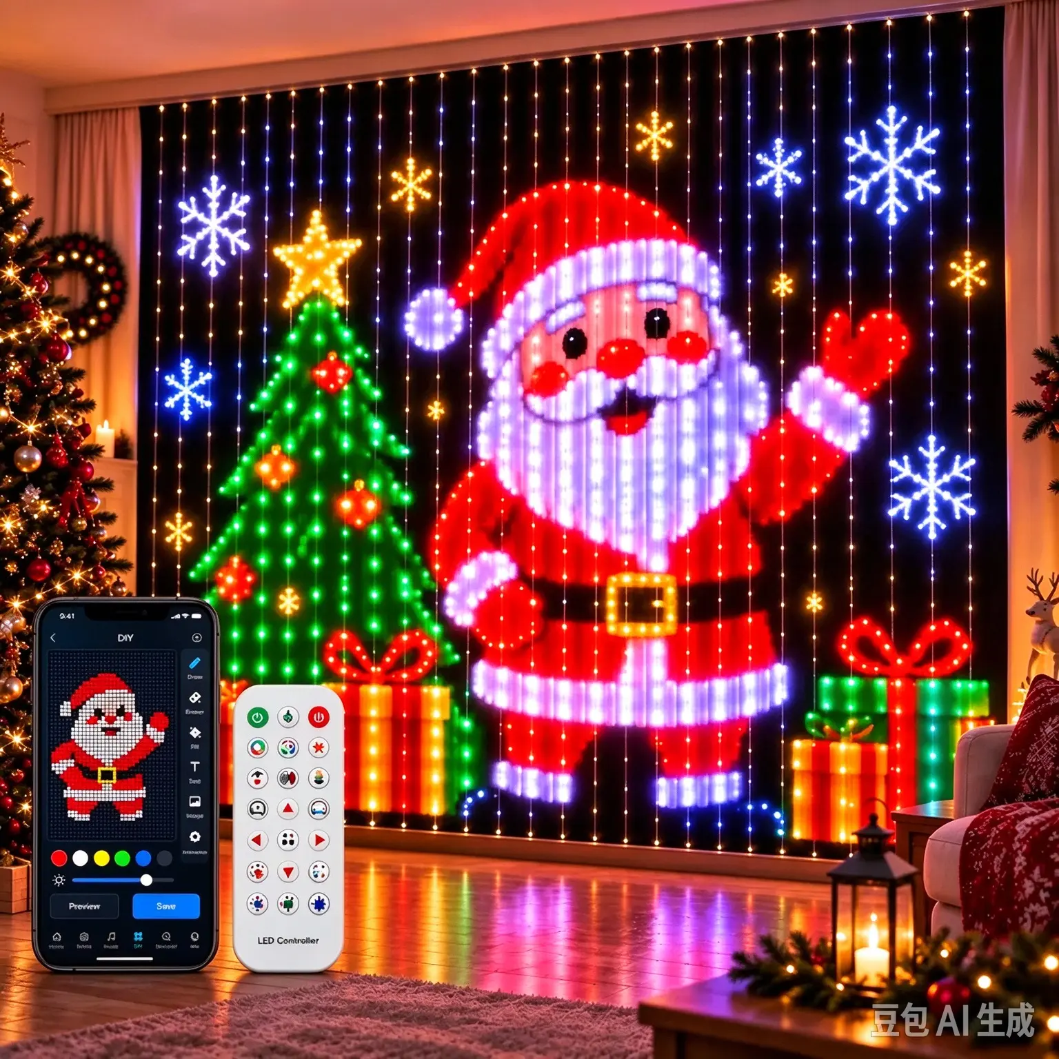 IP65 Waterproof DIY Pixel Curtain RGB Smart LED Lights with APP & Remote Control, with Custom Text & Patterns, Music Sync, Outdoor-Safe, Customizable Lighting, RGB Ambient Smart Control Decorative Lights for Room Festive Decor (With Hooks)
