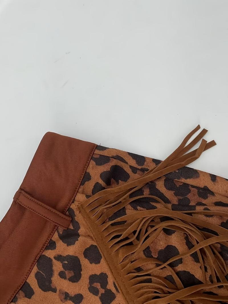 Fashion Leopard Print Flared Pants, Fringe Design, Retro Style, Daily Wear, Vintage Personality, Women's Casual Leggings