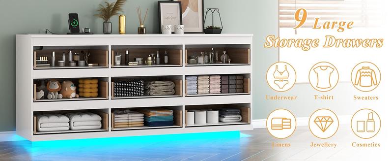 Floating White Dresser Chest of Drawers with LED Light, 9 Drawers, Modern Design, Black Finish, Ideal for Storage and Aesthetic Interior drawer dresser