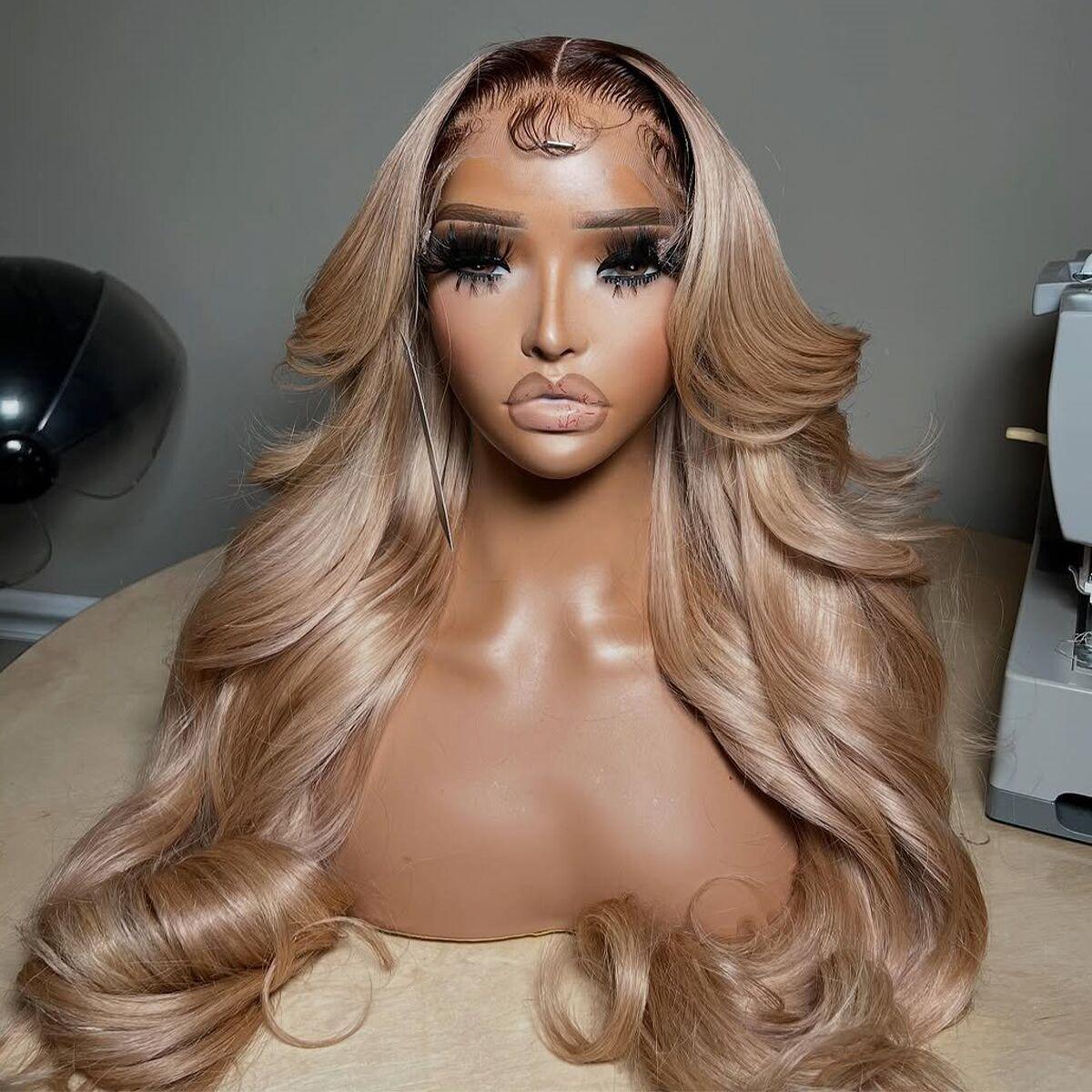 Ombre Milk Tea Blonde Lace Front Wig Human Hair 210% Density Thicker 13x4 HD Lace Ash Blonde Hair with Natural Growth Brown Roots Body Wave Wig Pre Plucked Multi-Color Wigs for Any Occasion