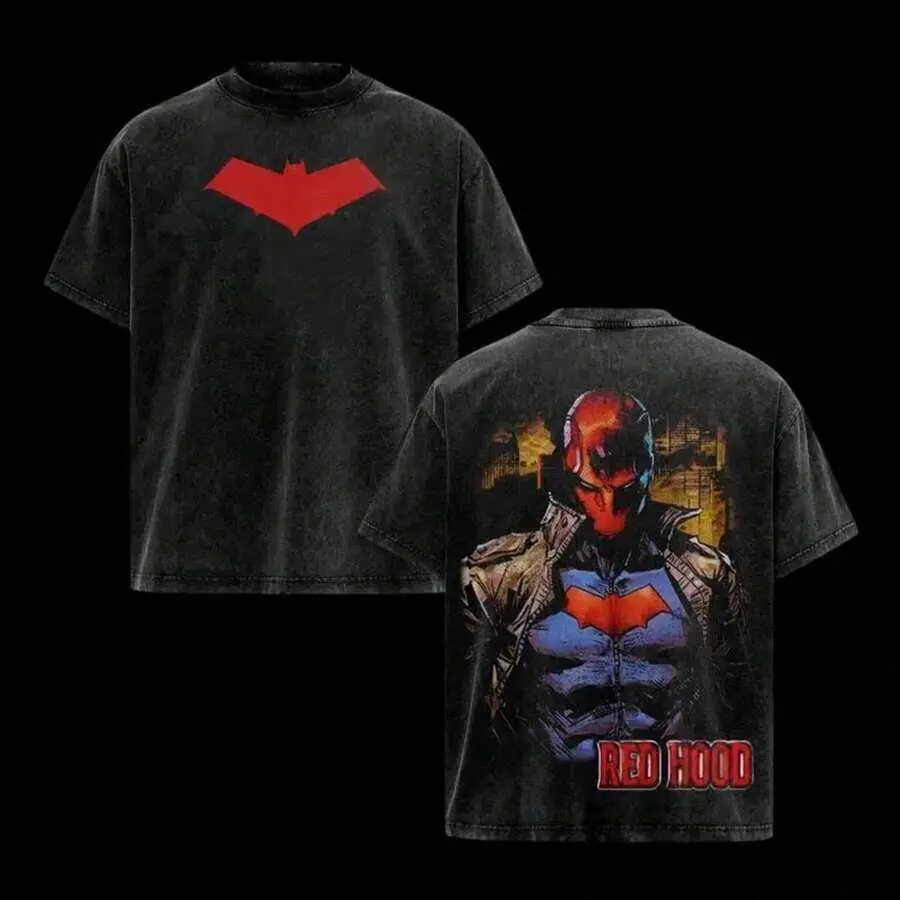 Double Sided Red Bat Symbol & Red Helmet Vigilante Comic Character Graphic Casual Tee, Retro Comic Streetwear Top for Outdoor Daily Wear for Men and Women